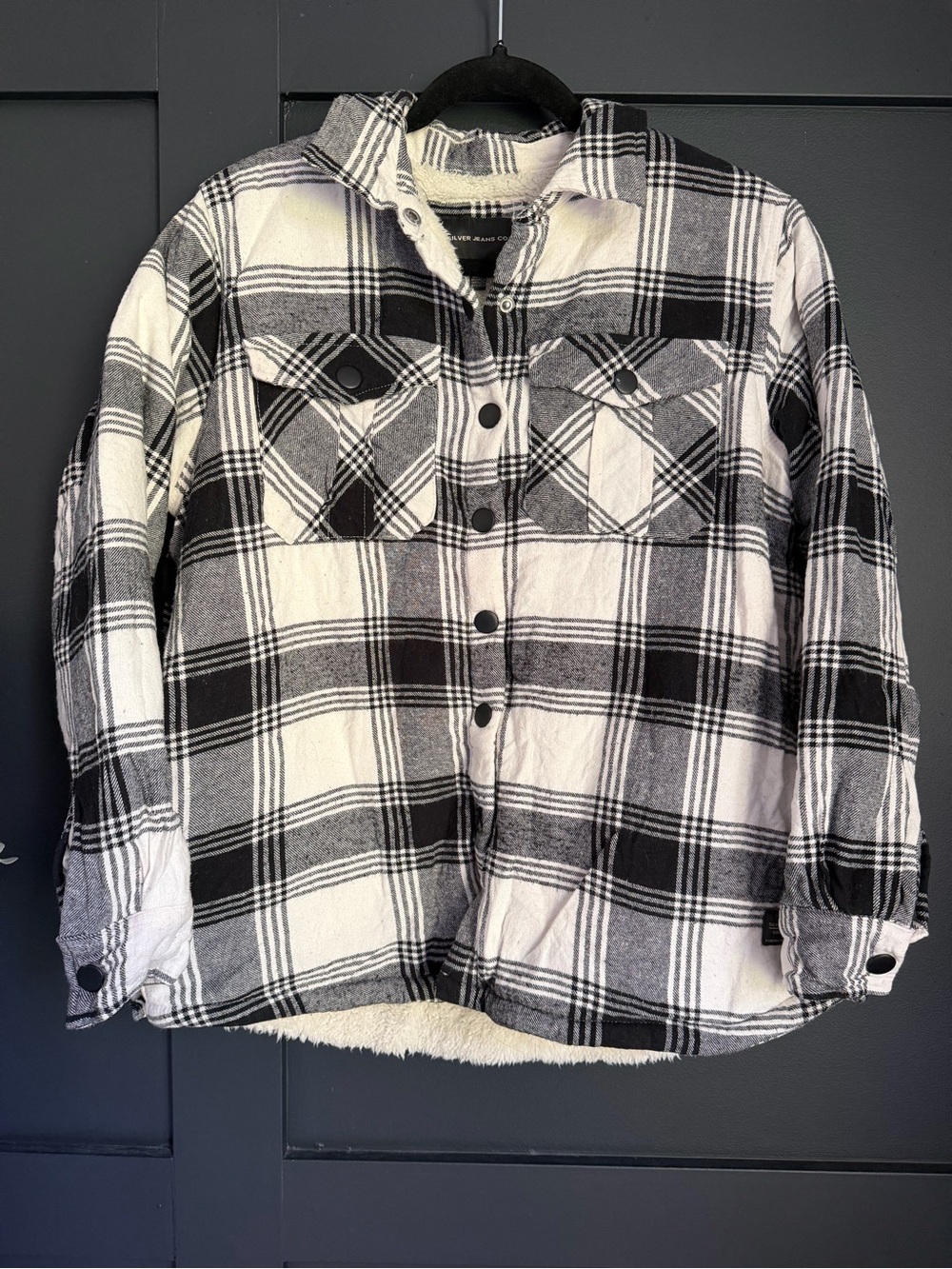 Women's Large Black & White Plaid Sherpa-Lined Jacket